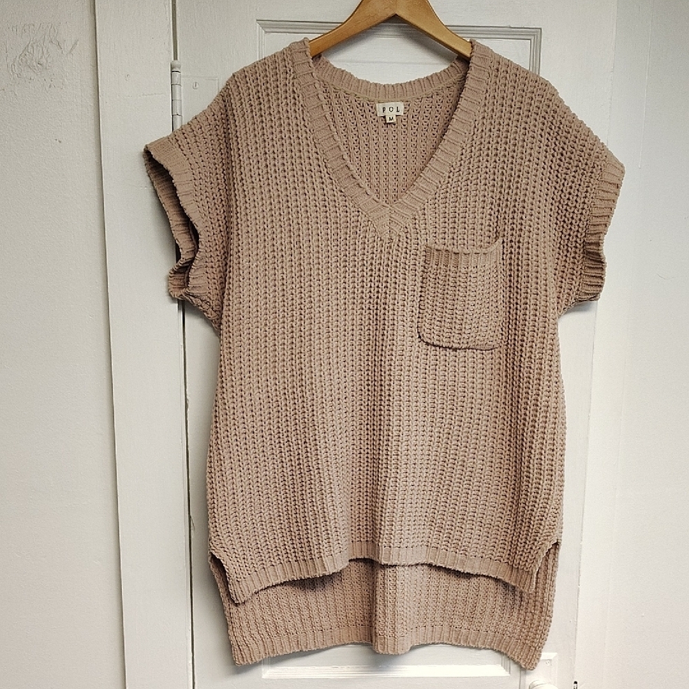 POL Women's V-Neck Knit Sweater Vest in Beige - fits like XL